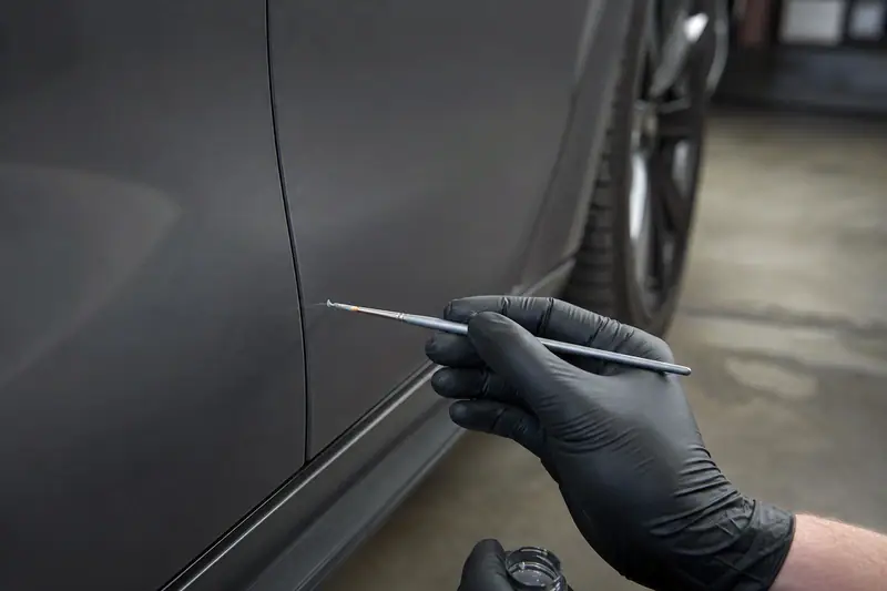 Main appliquant une fine retouche de peinture sur le bas de caisse d’une berline Tesla grise