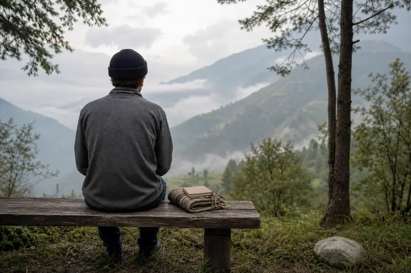 Personne assise de dos face à une vallée calme lors d’une retraite de méditation