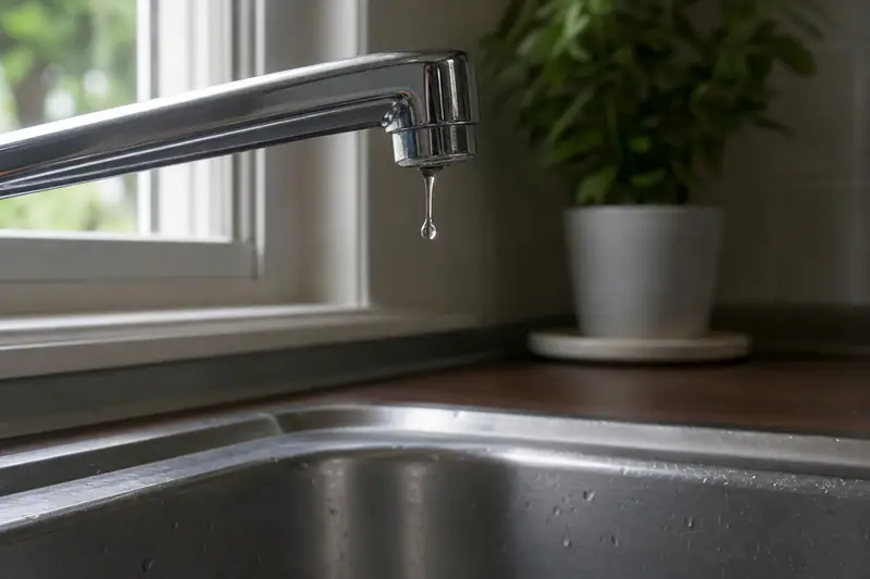 Robinet de cuisine laissant tomber une goutte d’eau au-dessus d’un évier en inox