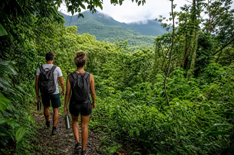 Voyageurs marchant sur un sentier tropical de Guadeloupe avec gourdes réutilisables