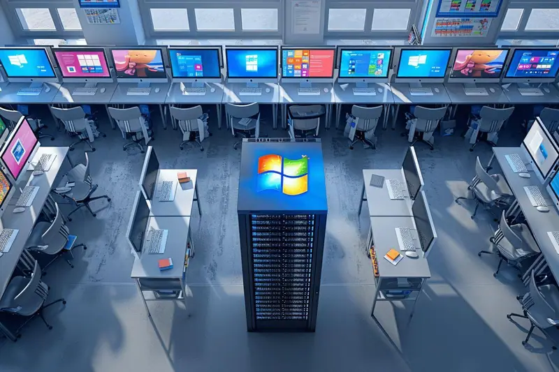 Administrateur vérifiant l'activation de postes Windows dans une salle informatique scolaire