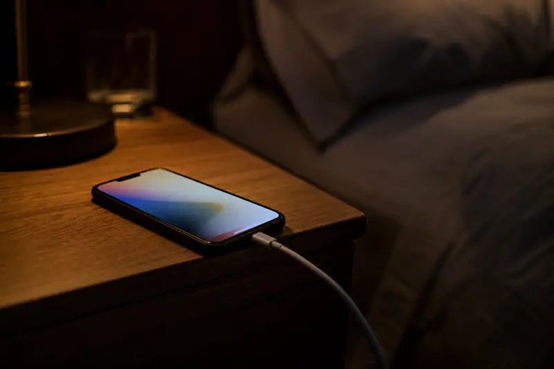 Smartphone posé sur une table de nuit branché à son chargeur, écran allumé dans une pièce faiblement éclairée