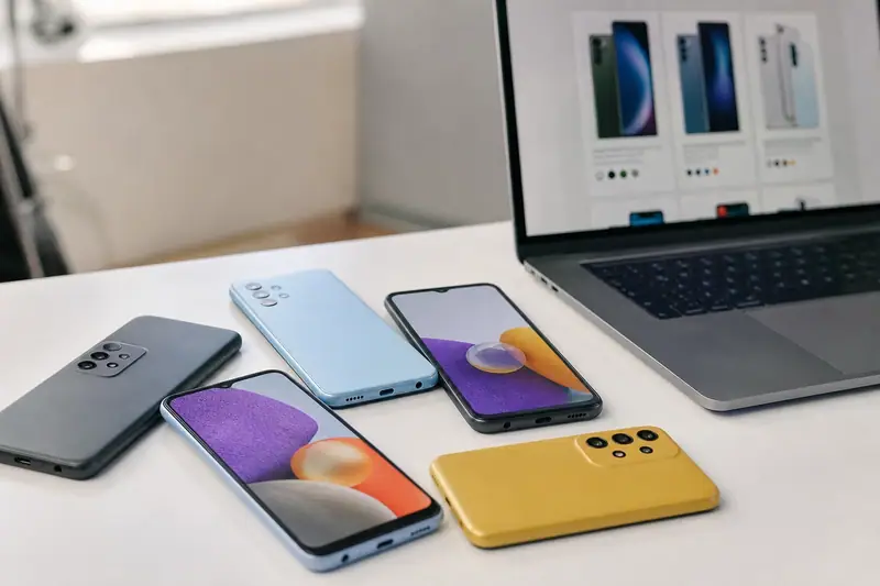 Comparatif de smartphones Samsung Galaxy posés sur une table avec fiches de prix en ligne