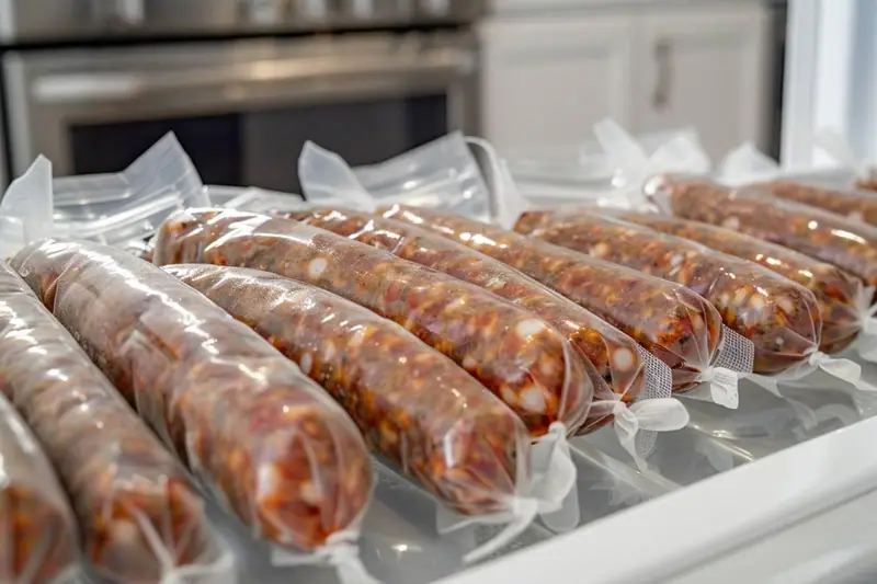 Merguez crues en portions dans des sacs de congélation étiquetés, rangées dans un tiroir de congélateur