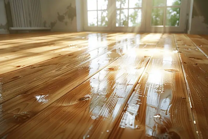 Application soignée d’un vitrificateur sur un parquet en bois clair avec un rouleau à manche