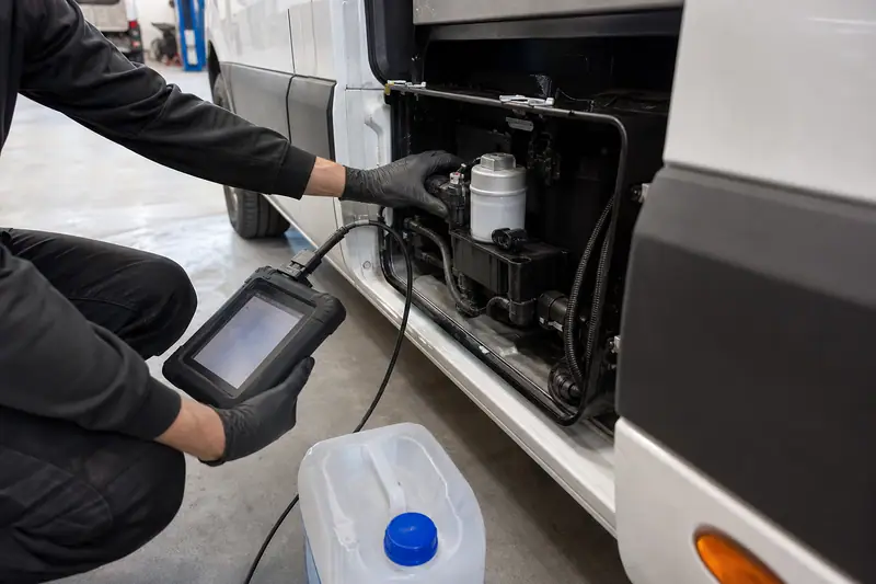 Technicien contrôlant le module de pompe AdBlue d’un véhicule utilitaire avec un outil de diagnostic