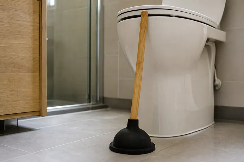 Ventouse à cloche posée à côté d’une cuvette de toilettes dans une salle de bain