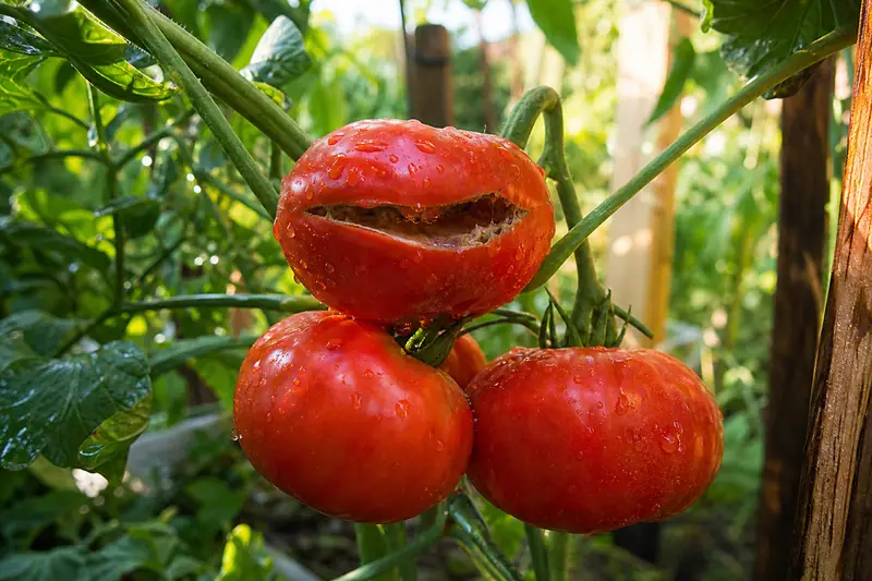 Tomates rouges fendues sur le pied dans un potager, gouttes d’eau sur la peau après une pluie, feuillage vert en arrière-plan