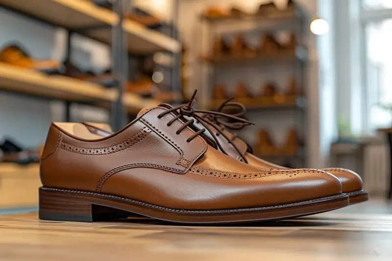 Derbies marron en cuir lacés posés près d'un pantalon bleu marine et d'une ceinture assortie