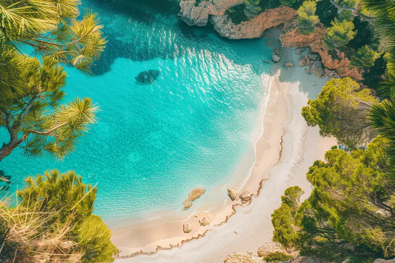 Eau turquoise et sable blanc sur une crique méditerranéenne bordée de falaises claires