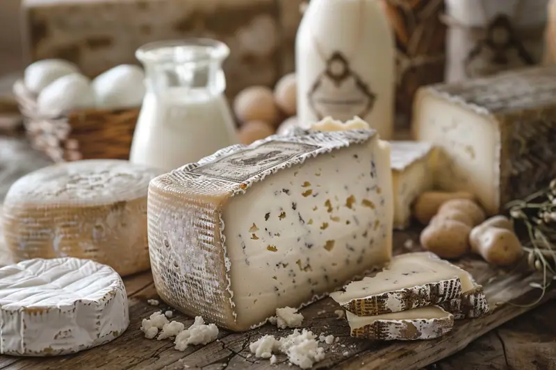 Faisselle de fromage blanc fermier sur une table de marché avec pots réfrigérés et herbes fraîches