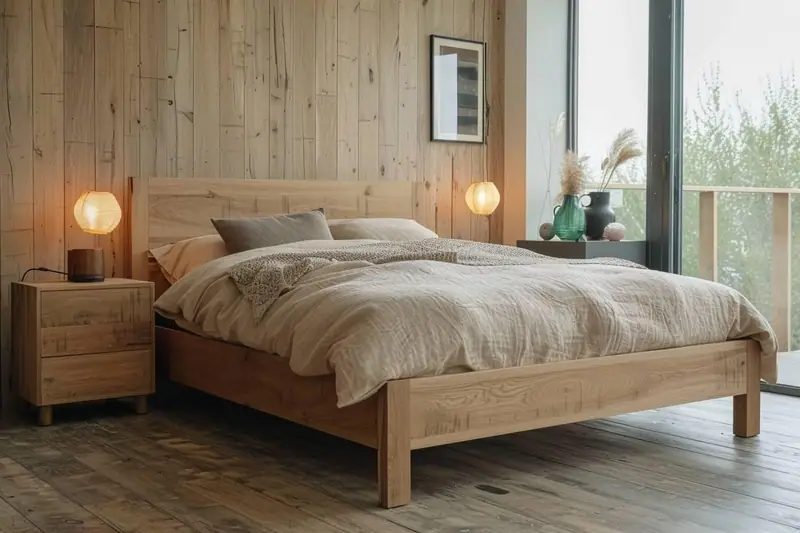 Lit en bois massif démontable dans une chambre lumineuse aux matériaux naturels