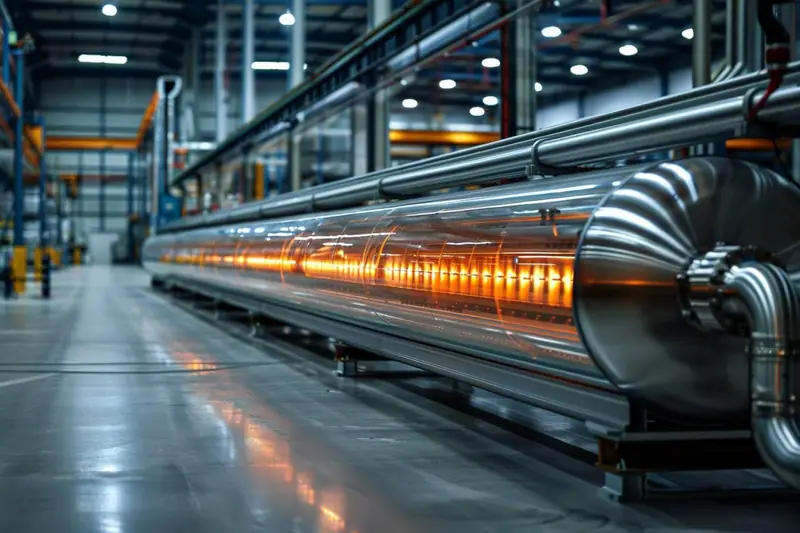 Installateur contrôlant un tube radiant à gaz suspendu dans un atelier industriel lumineux