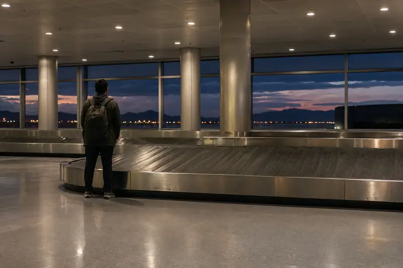 Voyageur de dos attendant seul près d’un tapis à bagages vide dans un aéroport en soirée