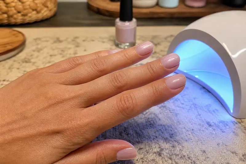 Mains posant une fine couche de vernis semi-permanent avant passage sous lampe LED