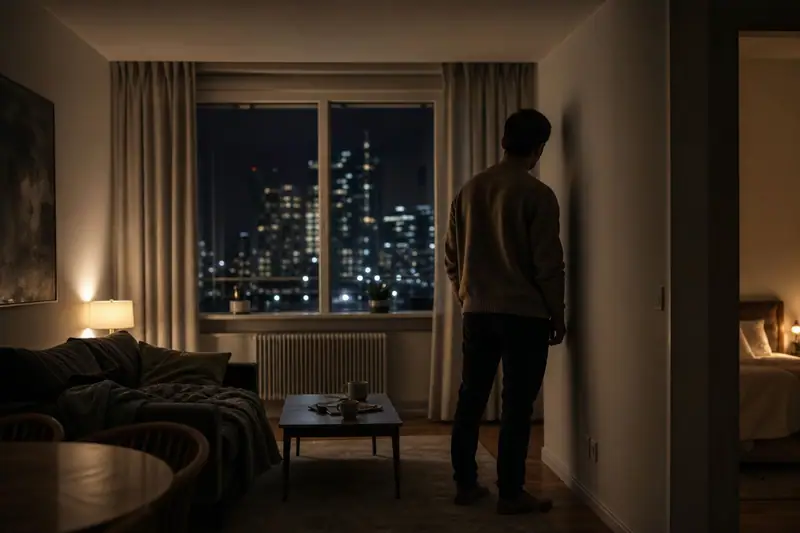 Personne debout près d’une fenêtre d’appartement le soir, oreille tournée vers le mur mitoyen d’où provient un bruit de musique