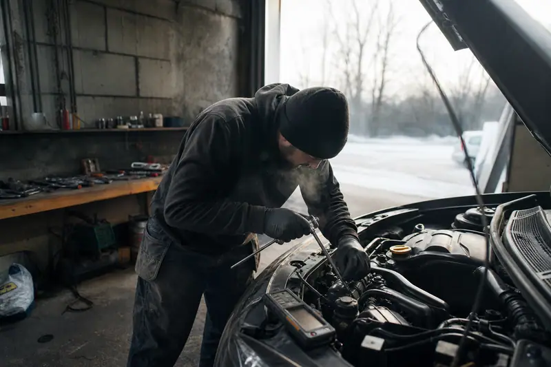 Mécanicien penché sur le moteur d’une voiture, moteur froid, contrôlant les bougies d’allumage au petit matin