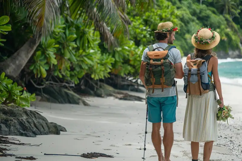 Couple de jeunes mariés observant une savane au coucher du soleil depuis un véhicule de safari