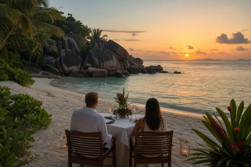 Couple célébrant un anniversaire au coucher du soleil sur une plage des Seychelles