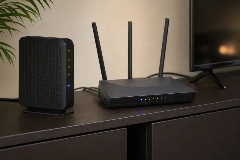 Box internet et routeur wifi posés sur un meuble de salon, voyants lumineux allumés
