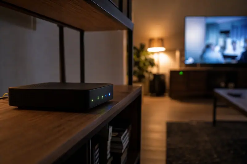 Routeur wifi allumé posé sur une étagère de salon en soirée, lumières des voyants visibles dans la pénombre