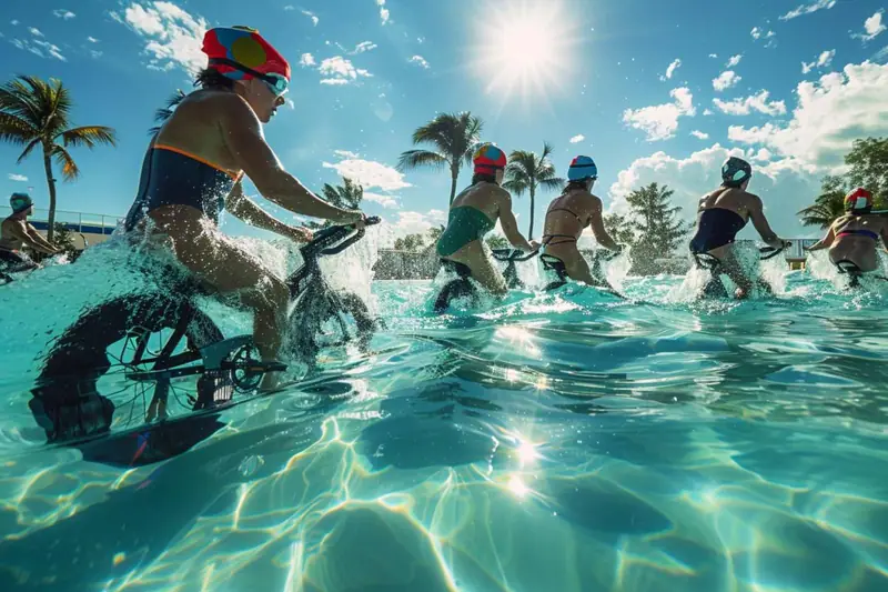 Pratiquants sur vélos immergés pendant un cours intense d’aquacycling en piscine