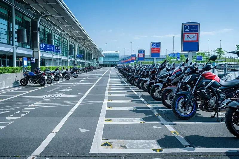 Moto stationnée dans un parking d’aéroport près d’un terminal avec valises et signalisation
