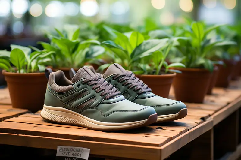 Chaussures durables et échantillons de cuir, textile recyclé et caoutchouc sur une table